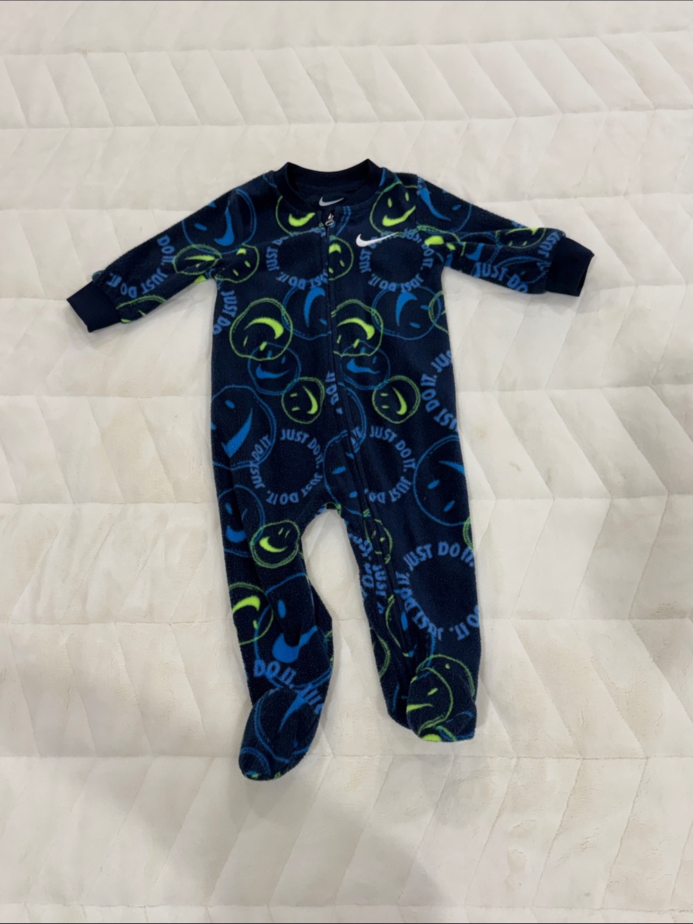 Nike Navy Blue Fleece Baby Footed One-Piece with Neon Smile Accents